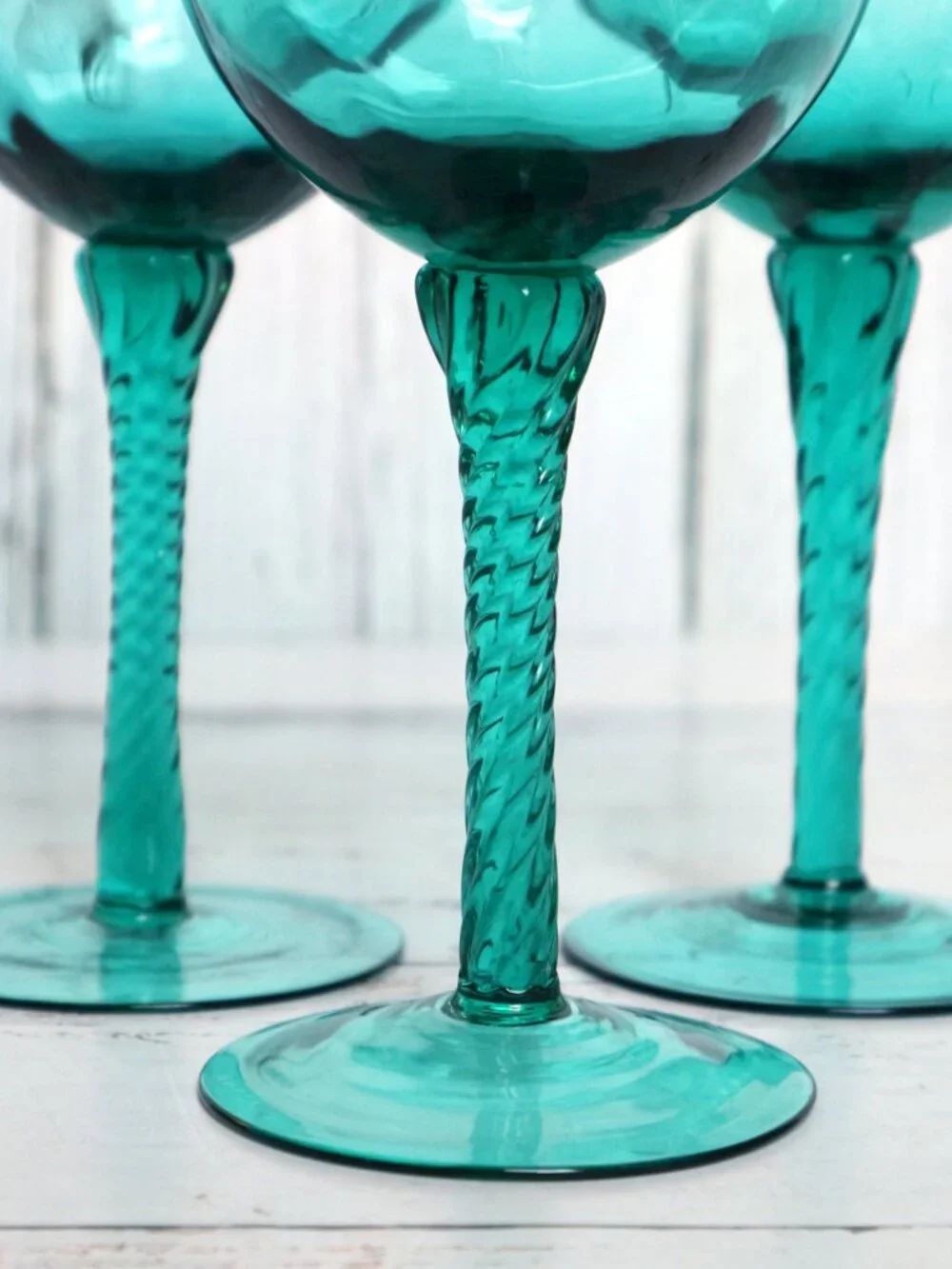 Vintage Empoli Italian Hand-Blown Optic Swirl Twisted Stem Wine Glasses Aqua